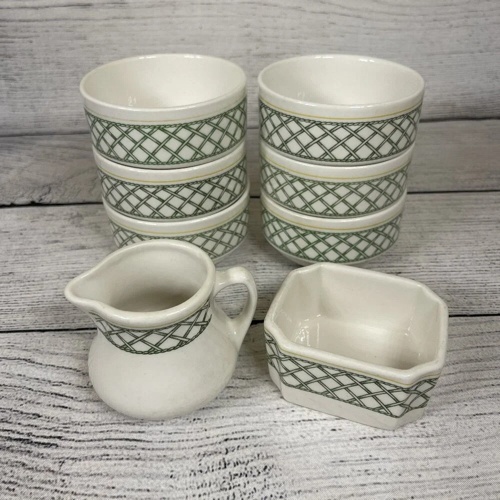 Buffalo China USA Green Yello Lattice Milk Pitcher With Butter Dish 6 Bo…